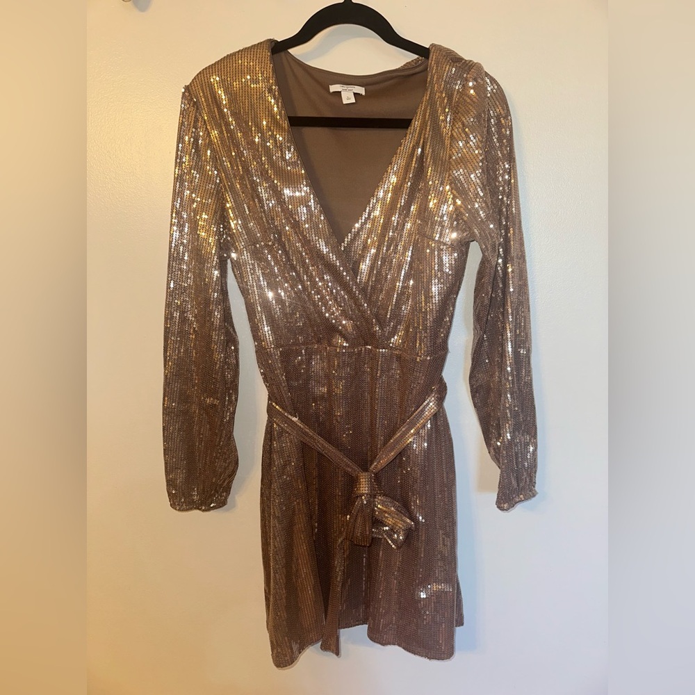 Nine West Rose Gold Sequin Long Sleeve Wrap Dress